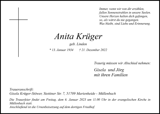 Anzeige von Anita Krüger von  Anzeigen Echo 