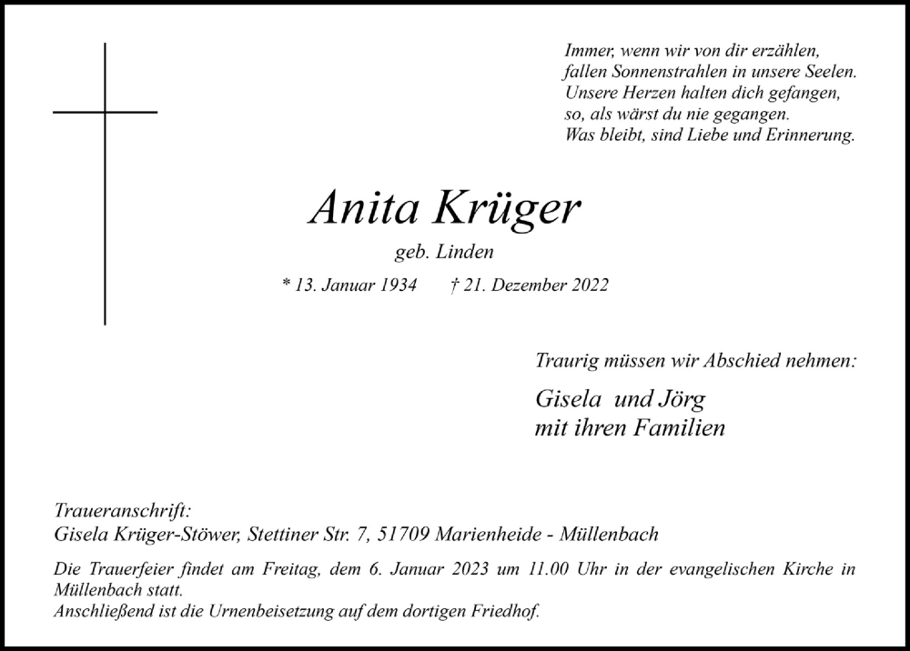  Traueranzeige für Anita Krüger vom 29.12.2022 aus  Anzeigen Echo 