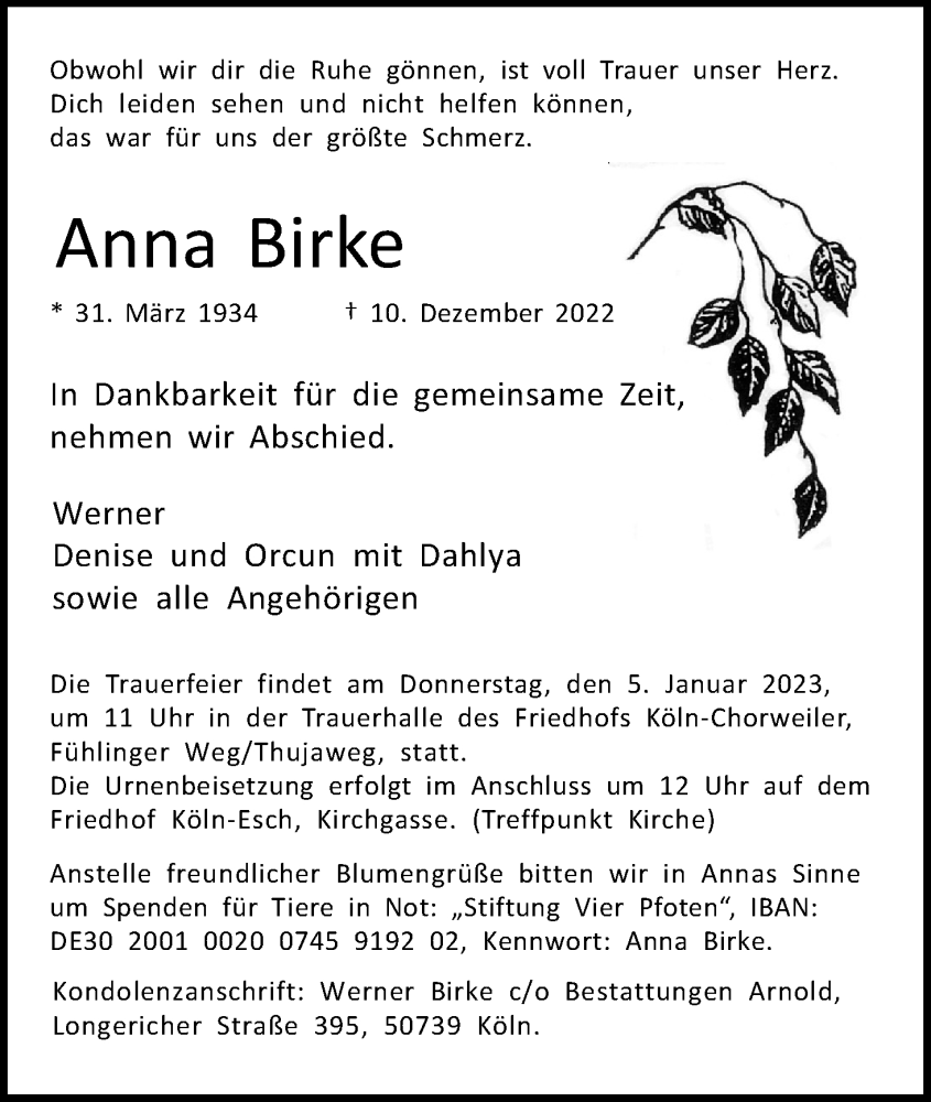  Traueranzeige für Anna Birke vom 17.12.2022 aus Kölner Stadt-Anzeiger / Kölnische Rundschau / Express