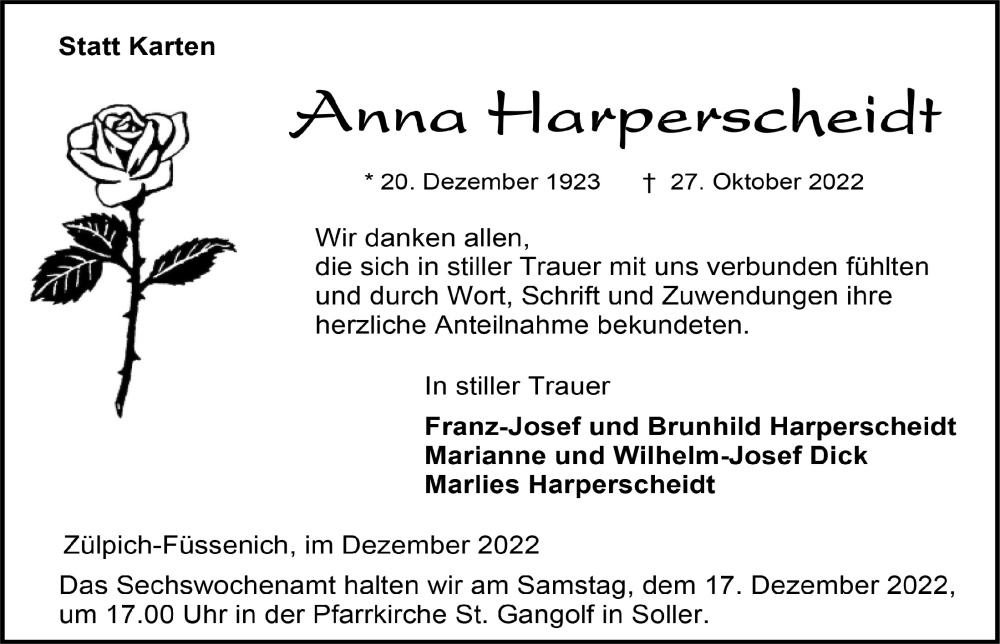  Traueranzeige für Anna Harperscheidt vom 03.12.2022 aus  Blickpunkt Euskirchen 
