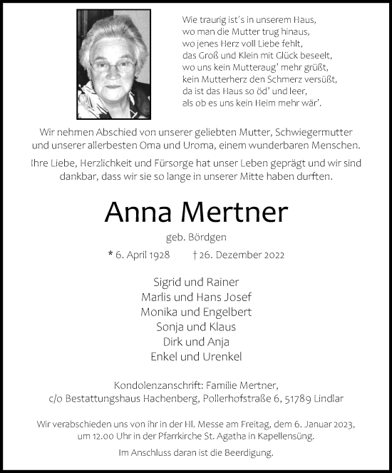 Anzeige von Anna Mertner von Kölner Stadt-Anzeiger / Kölnische Rundschau / Express
