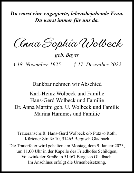 Anzeige von Anna Sophia Wolbeck von Kölner Stadt-Anzeiger / Kölnische Rundschau / Express