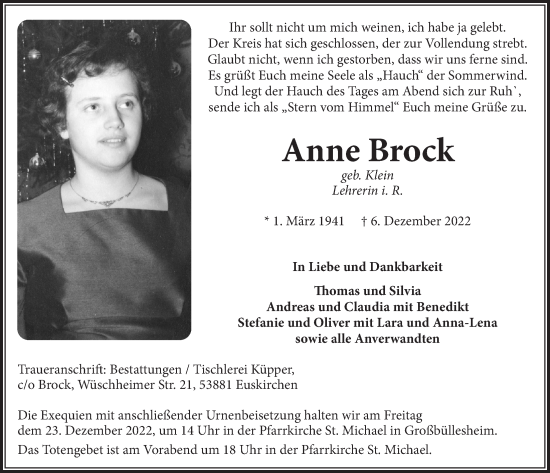 Anzeige von Anne Brock von  Blickpunkt Euskirchen 