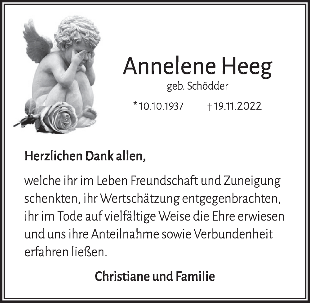  Traueranzeige für Annelene Heeg vom 29.12.2022 aus  Werbepost 