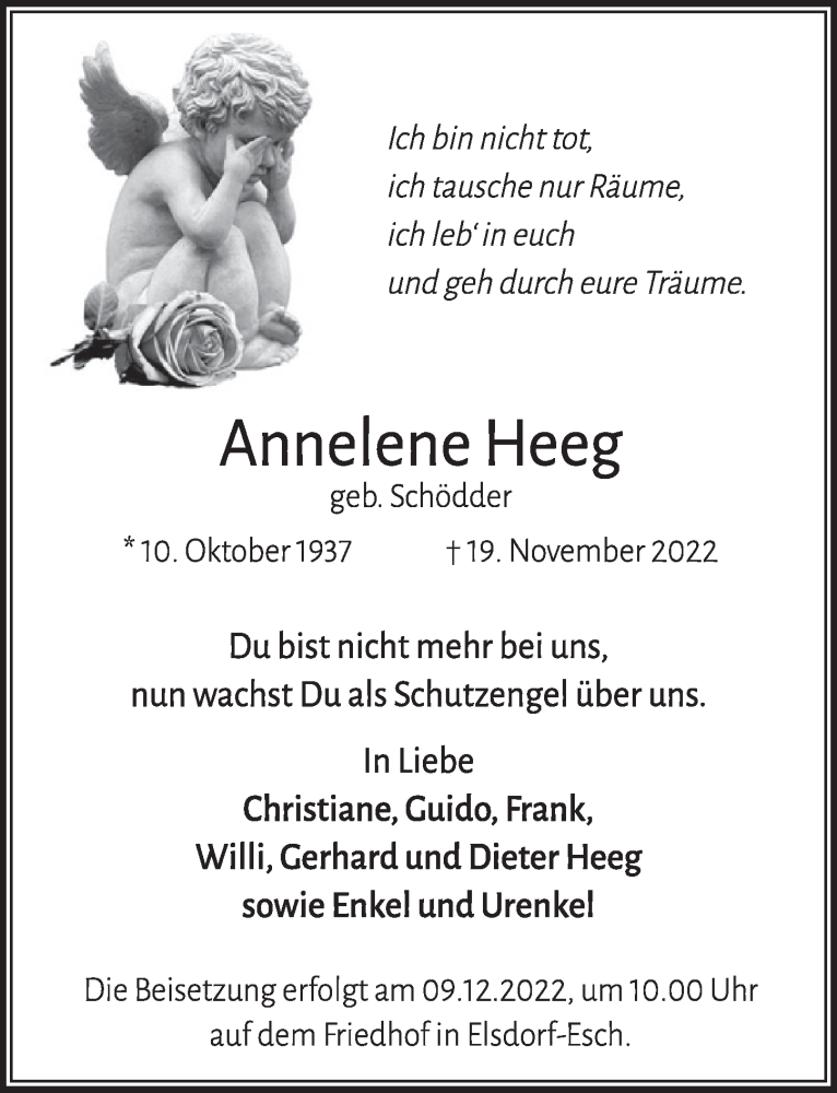  Traueranzeige für Annelene Heeg vom 02.12.2022 aus  Werbepost 