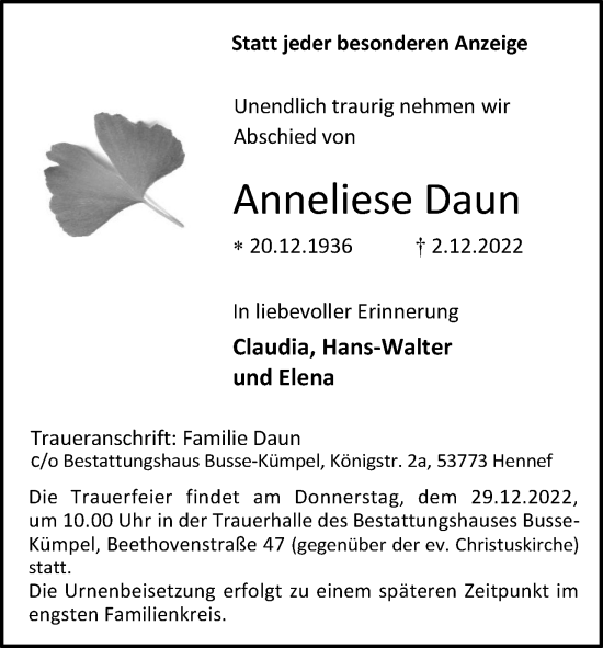 Anzeige von Anneliese Daun von Kölner Stadt-Anzeiger / Kölnische Rundschau / Express