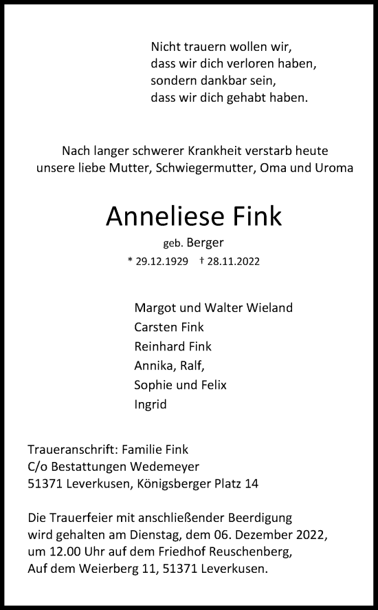 Anzeige von Anneliese Fink von Kölner Stadt-Anzeiger / Kölnische Rundschau / Express