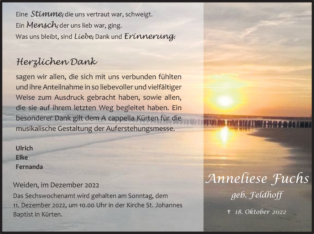  Traueranzeige für Anneliese Fuchs vom 07.12.2022 aus Kölner Stadt-Anzeiger / Kölnische Rundschau / Express