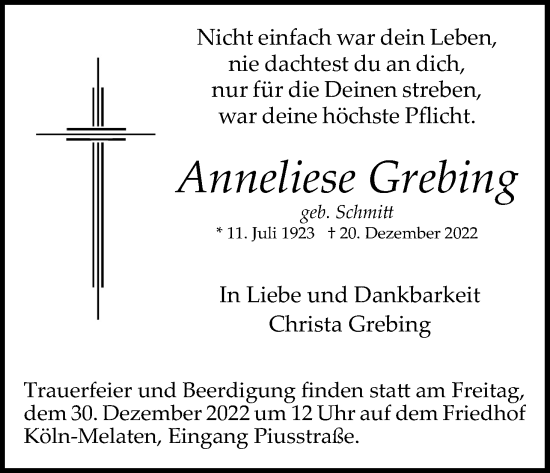 Anzeige von Anneliese Grebing von Kölner Stadt-Anzeiger / Kölnische Rundschau / Express