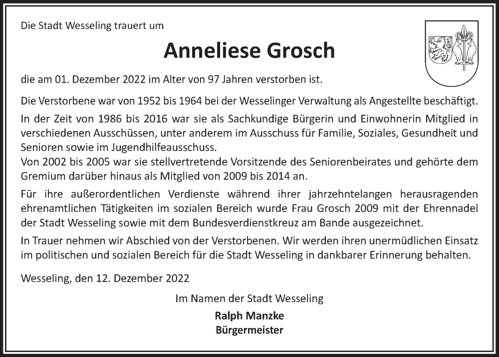  Traueranzeige für Anneliese Grosch vom 16.12.2022 aus  Schlossbote/Werbekurier 