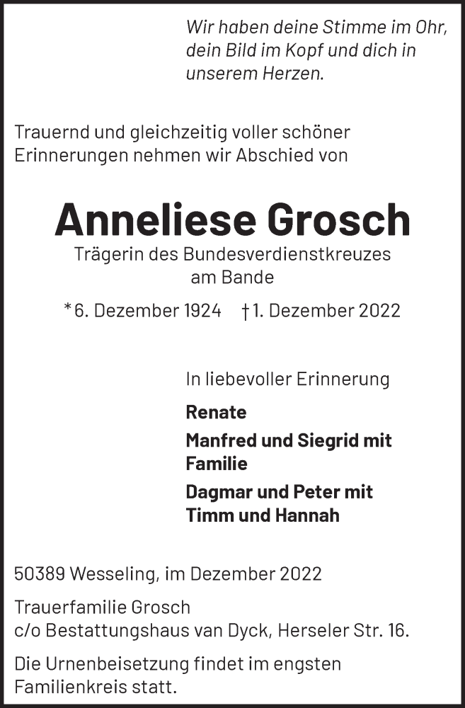  Traueranzeige für Anneliese Grosch vom 09.12.2022 aus  Schlossbote/Werbekurier 