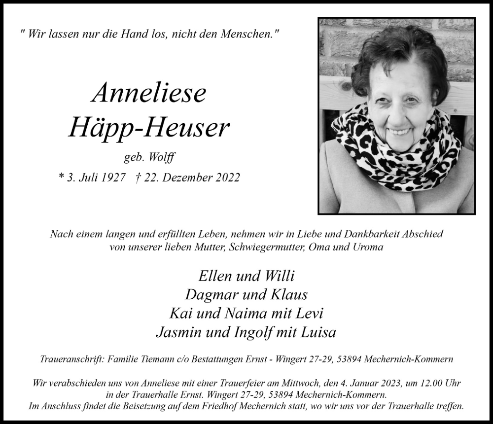  Traueranzeige für Anneliese Häpp-Heuser vom 30.12.2022 aus  Blickpunkt Euskirchen 