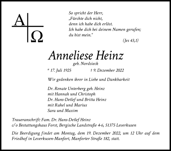 Anzeige von Anneliese Heinz von Kölner Stadt-Anzeiger / Kölnische Rundschau / Express