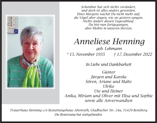 Anzeige von Anneliese Henning von  Bergisches Handelsblatt 