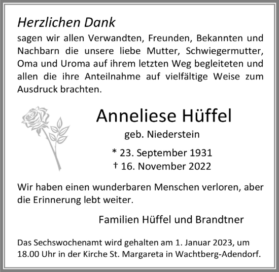 Anzeige von Anneliese Hüffel von  Schaufenster/Blickpunkt 