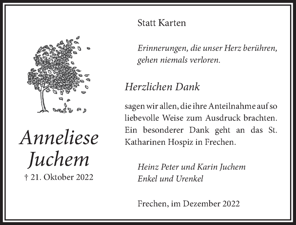  Traueranzeige für Anneliese Juchem vom 16.12.2022 aus  Wochenende 