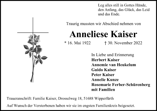 Anzeige von Anneliese Kaiser von Kölner Stadt-Anzeiger / Kölnische Rundschau / Express