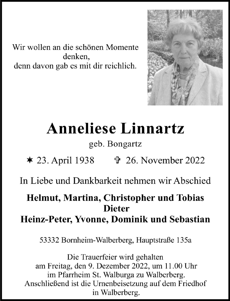  Traueranzeige für Anneliese Linnartz vom 02.12.2022 aus  Schaufenster/Blickpunkt  Schlossbote/Werbekurier 
