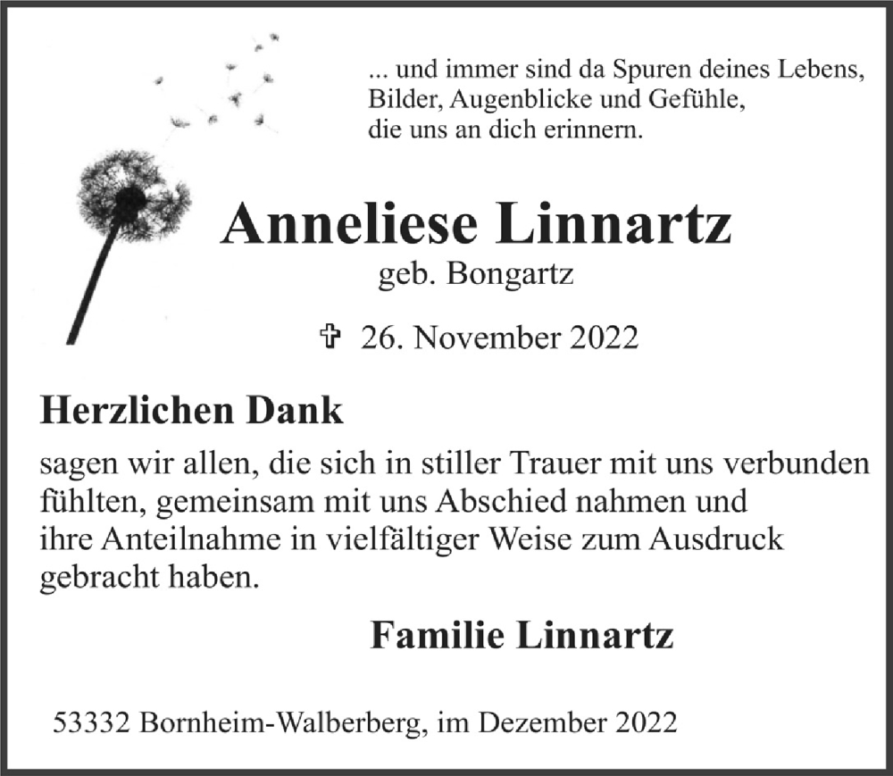  Traueranzeige für Anneliese Linnartz vom 29.12.2022 aus  Schlossbote/Werbekurier 