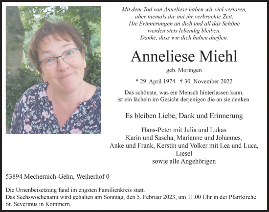 Anzeige von Anneliese Miehl von  Blickpunkt Euskirchen 