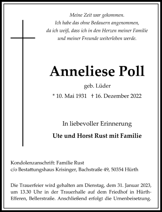 Anzeige von Anneliese Poll von  Wochenende 