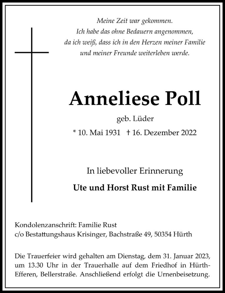  Traueranzeige für Anneliese Poll vom 29.12.2022 aus  Wochenende 