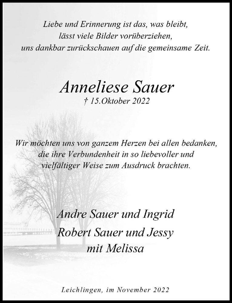  Traueranzeige für Anneliese Sauer vom 09.12.2022 aus  Lokale Informationen 