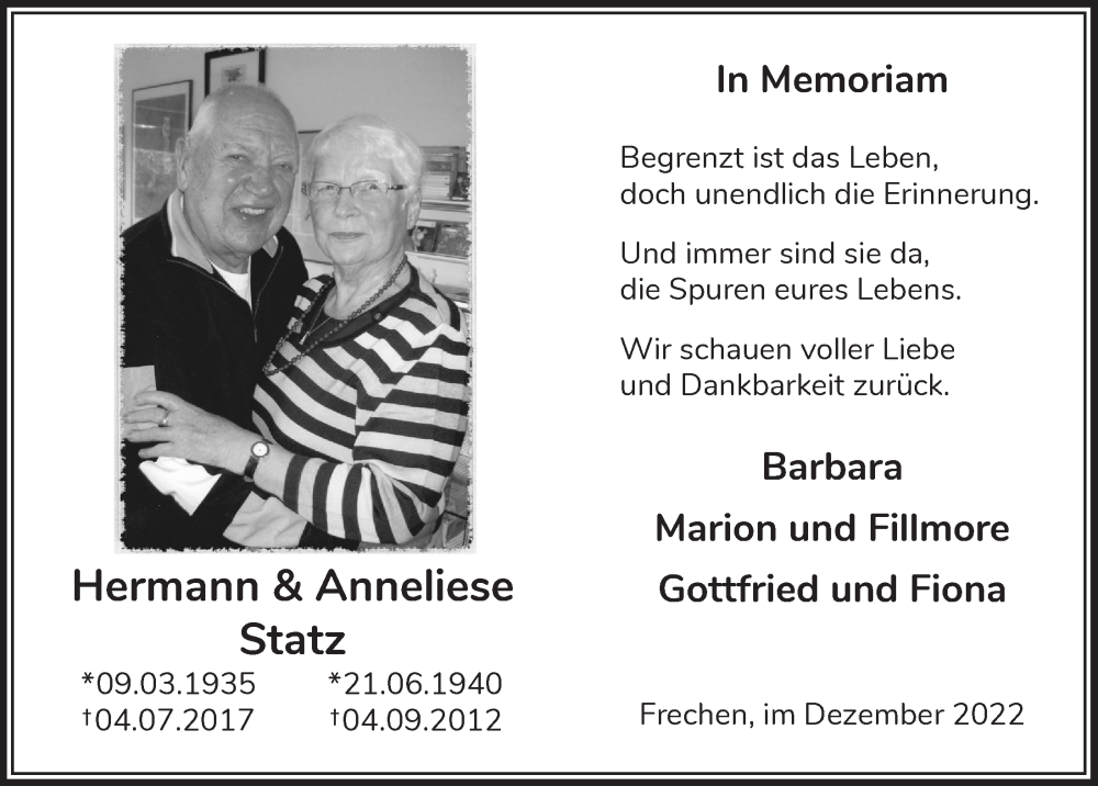  Traueranzeige für Anneliese Statz vom 22.12.2022 aus  Wochenende 