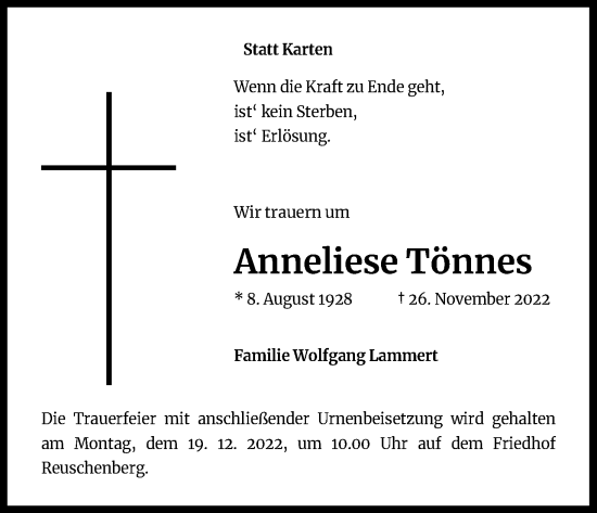 Anzeige von Anneliese Tönnes von Kölner Stadt-Anzeiger / Kölnische Rundschau / Express