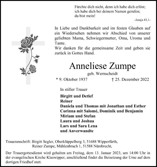 Anzeige von Anneliese Zumpe von Kölner Stadt-Anzeiger / Kölnische Rundschau / Express