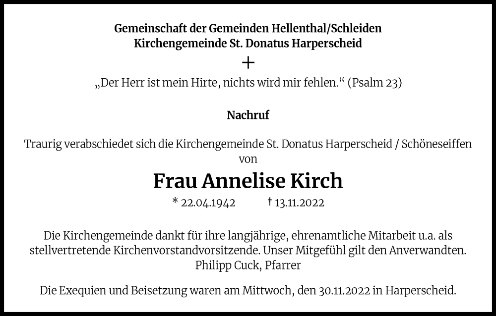  Traueranzeige für Annelise Kirch vom 03.12.2022 aus Kölner Stadt-Anzeiger / Kölnische Rundschau / Express