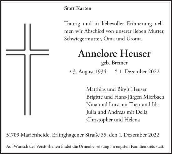 Anzeige von Annelore Heuser von  Anzeigen Echo 