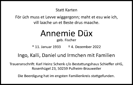 Anzeige von Annemie Düx von Kölner Stadt-Anzeiger / Kölnische Rundschau / Express