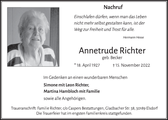 Anzeige von Annetrude Richter von  Werbepost 