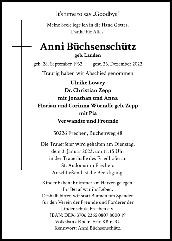  Traueranzeige für Anni Büchsenschütz vom 31.12.2022 aus Kölner Stadt-Anzeiger / Kölnische Rundschau / Express