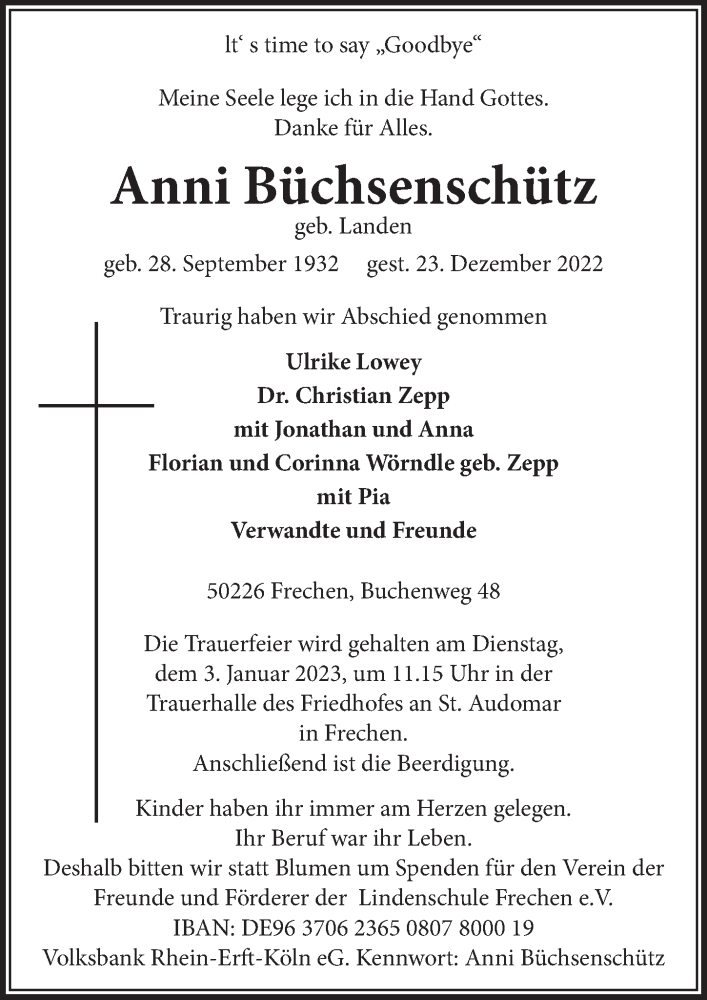  Traueranzeige für Anni Büchsenschütz vom 29.12.2022 aus  Wochenende 