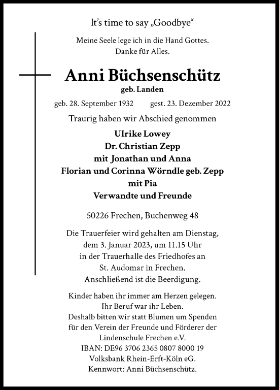 Anzeige von Anni Büchsenschütz von Kölner Stadt-Anzeiger / Kölnische Rundschau / Express