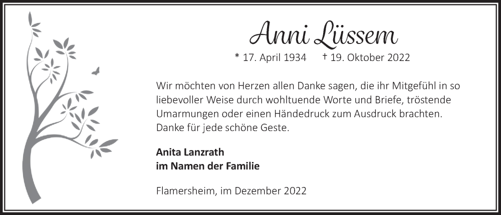  Traueranzeige für Anni Lüssem vom 17.12.2022 aus  Blickpunkt Euskirchen 