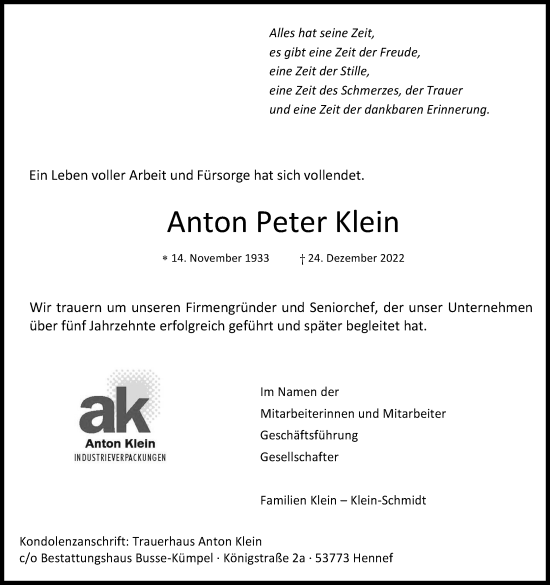 Anzeige von Anton Peter Klein von Kölner Stadt-Anzeiger / Kölnische Rundschau / Express