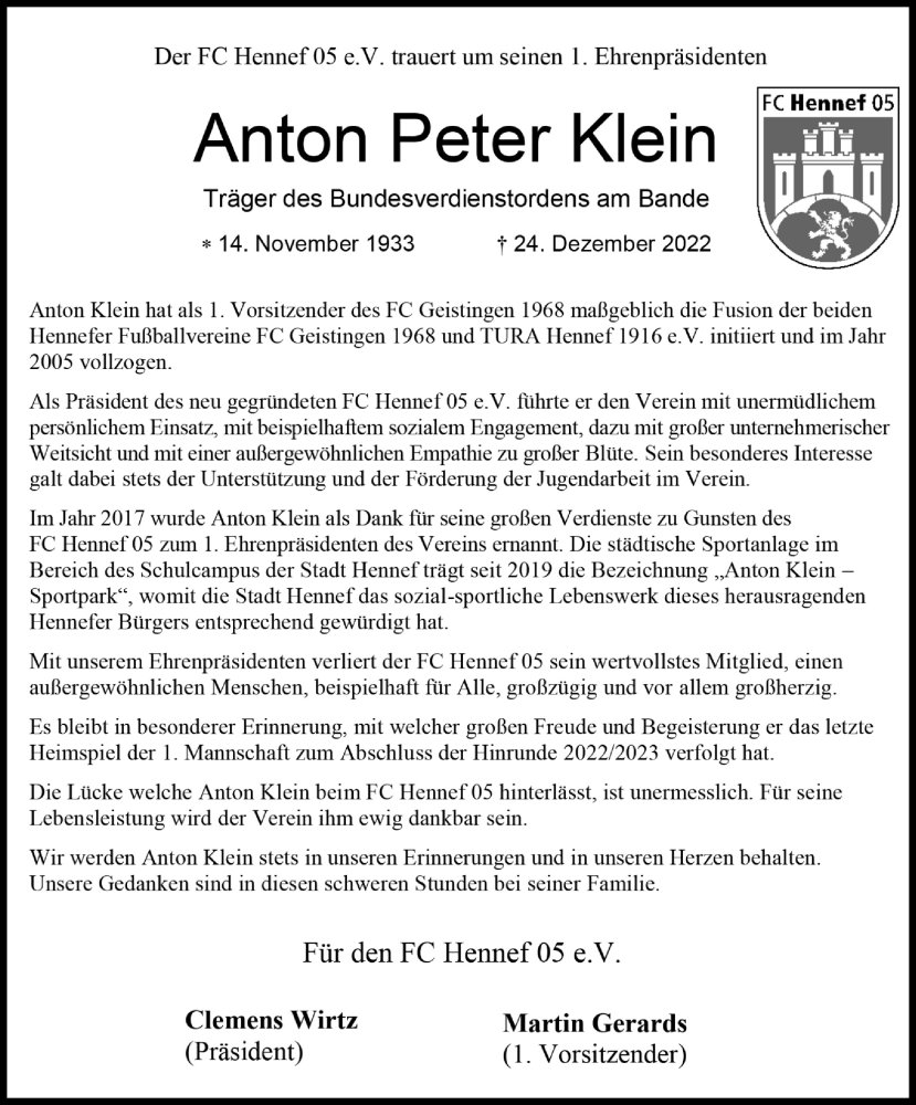  Traueranzeige für Anton Peter Klein vom 31.12.2022 aus Kölner Stadt-Anzeiger / Kölnische Rundschau / Express