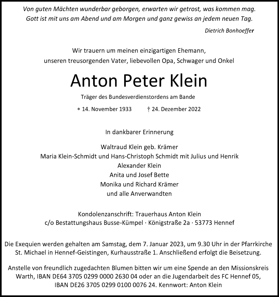  Traueranzeige für Anton Peter Klein vom 31.12.2022 aus Kölner Stadt-Anzeiger / Kölnische Rundschau / Express