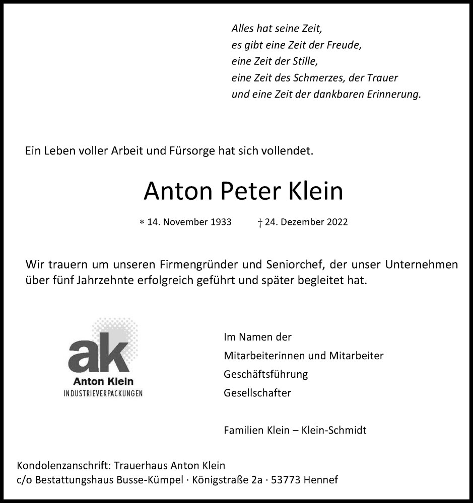  Traueranzeige für Anton Peter Klein vom 31.12.2022 aus Kölner Stadt-Anzeiger / Kölnische Rundschau / Express