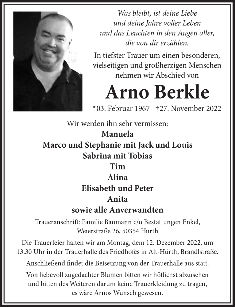  Traueranzeige für Arno Berkle vom 02.12.2022 aus  Wochenende 