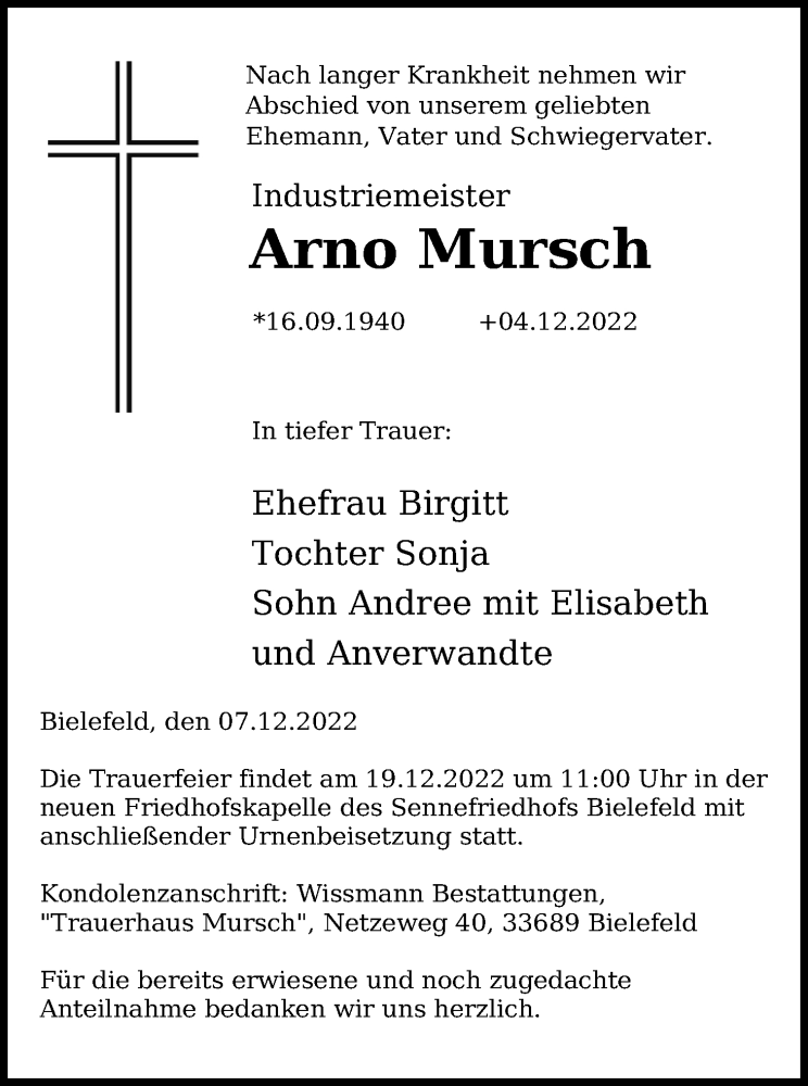  Traueranzeige für Arno Mursch vom 10.12.2022 aus Kölner Stadt-Anzeiger / Kölnische Rundschau / Express