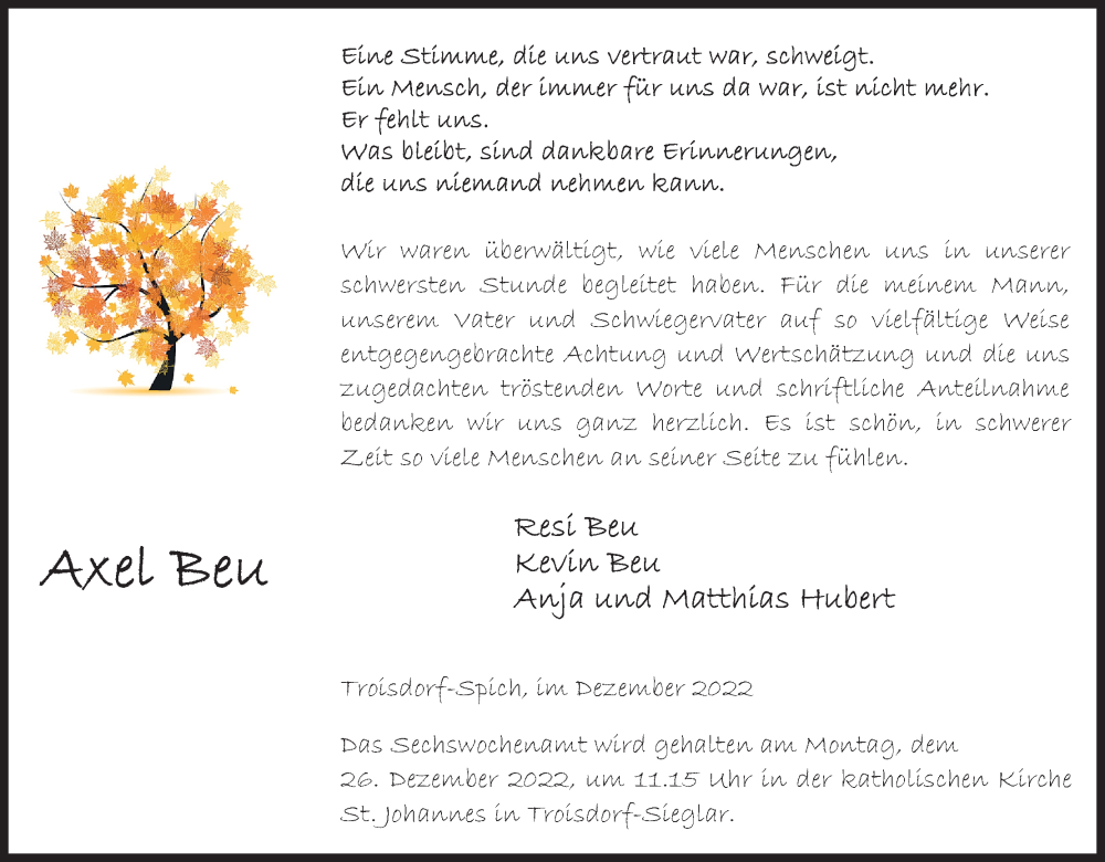  Traueranzeige für Axel Beu vom 03.12.2022 aus Kölner Stadt-Anzeiger / Kölnische Rundschau / Express