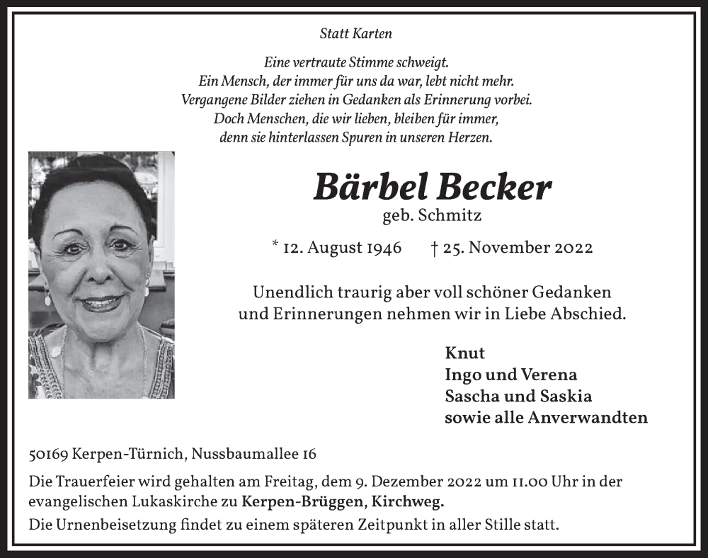  Traueranzeige für Bärbel Becker vom 02.12.2022 aus  Werbepost 