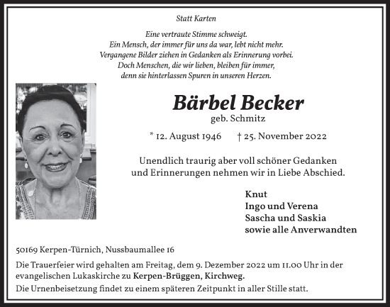Anzeige von Bärbel Becker von  Werbepost 