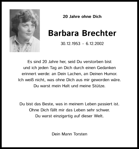 Anzeige von Barbara Brechter von Kölner Stadt-Anzeiger / Kölnische Rundschau / Express