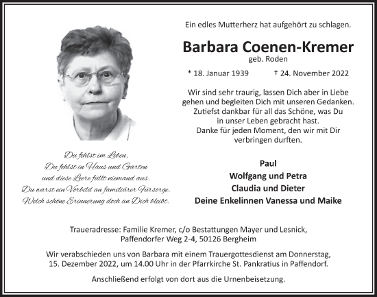 Anzeige von Barbara Coenen-Kremer von  Werbepost 