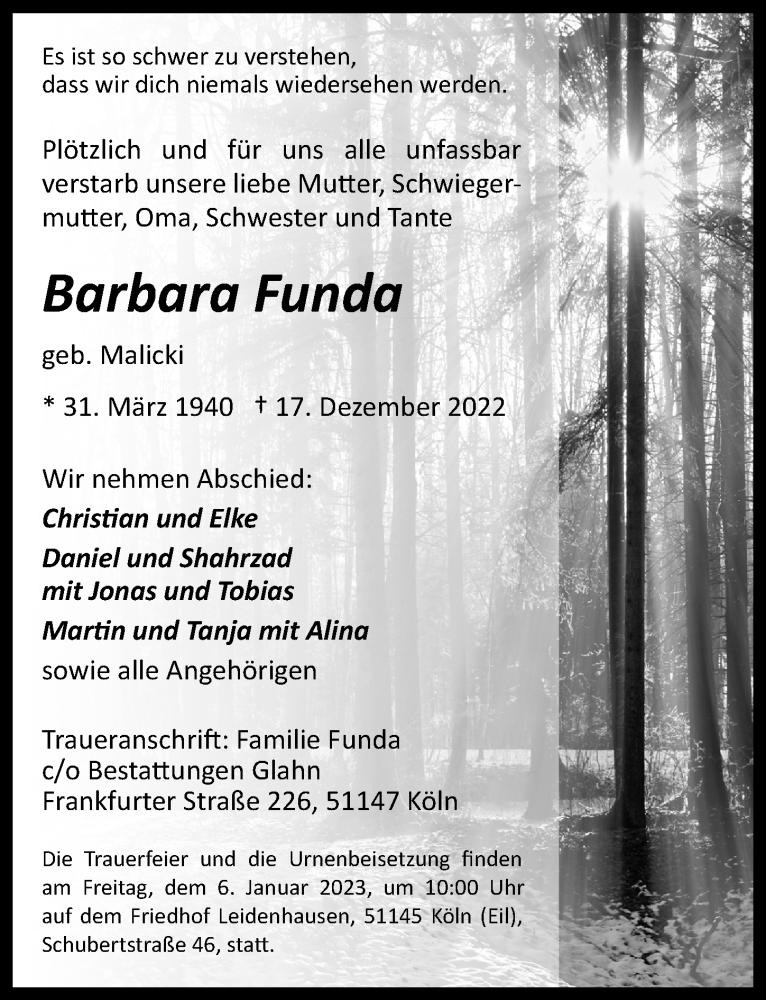  Traueranzeige für Barbara Funda vom 29.12.2022 aus  EXPRESS - Die Woche 